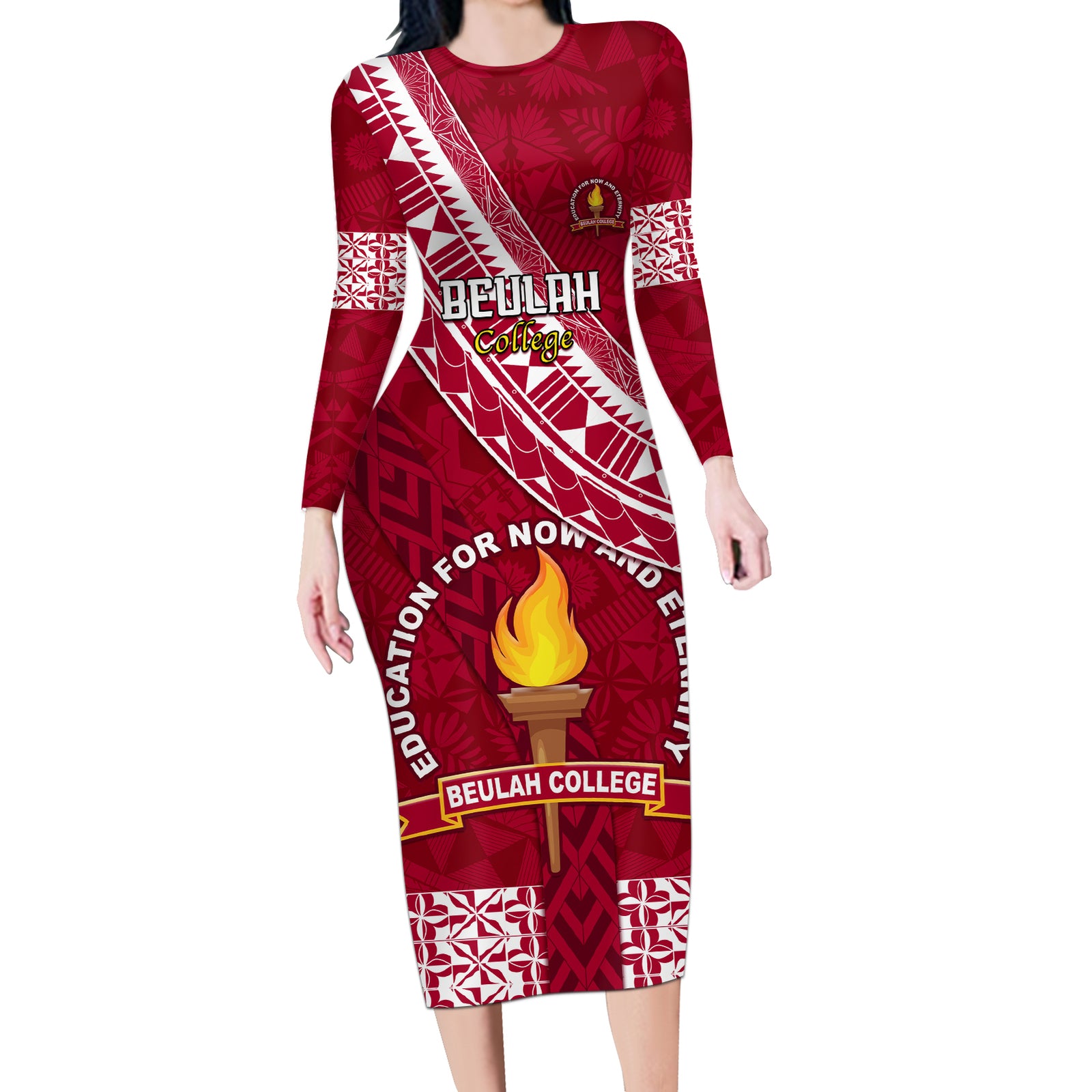 Custom Beulah College Long Sleeve Bodycon Dress Tongan Kupesi Pattern LT05 Long Dress Red - Polynesian Pride
