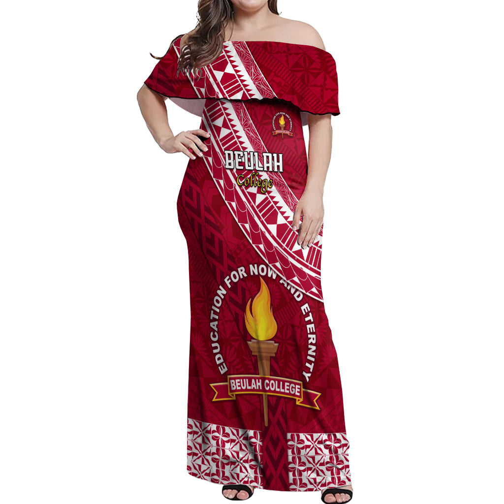 Custom Beulah College Off Shoulder Maxi Dress Tongan Kupesi Pattern LT05 Women Red - Polynesian Pride