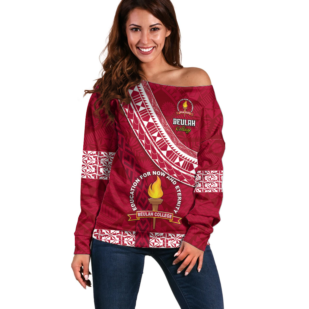 Custom Beulah College Off Shoulder Sweater Tongan Kupesi Pattern LT05 Women Red - Polynesian Pride