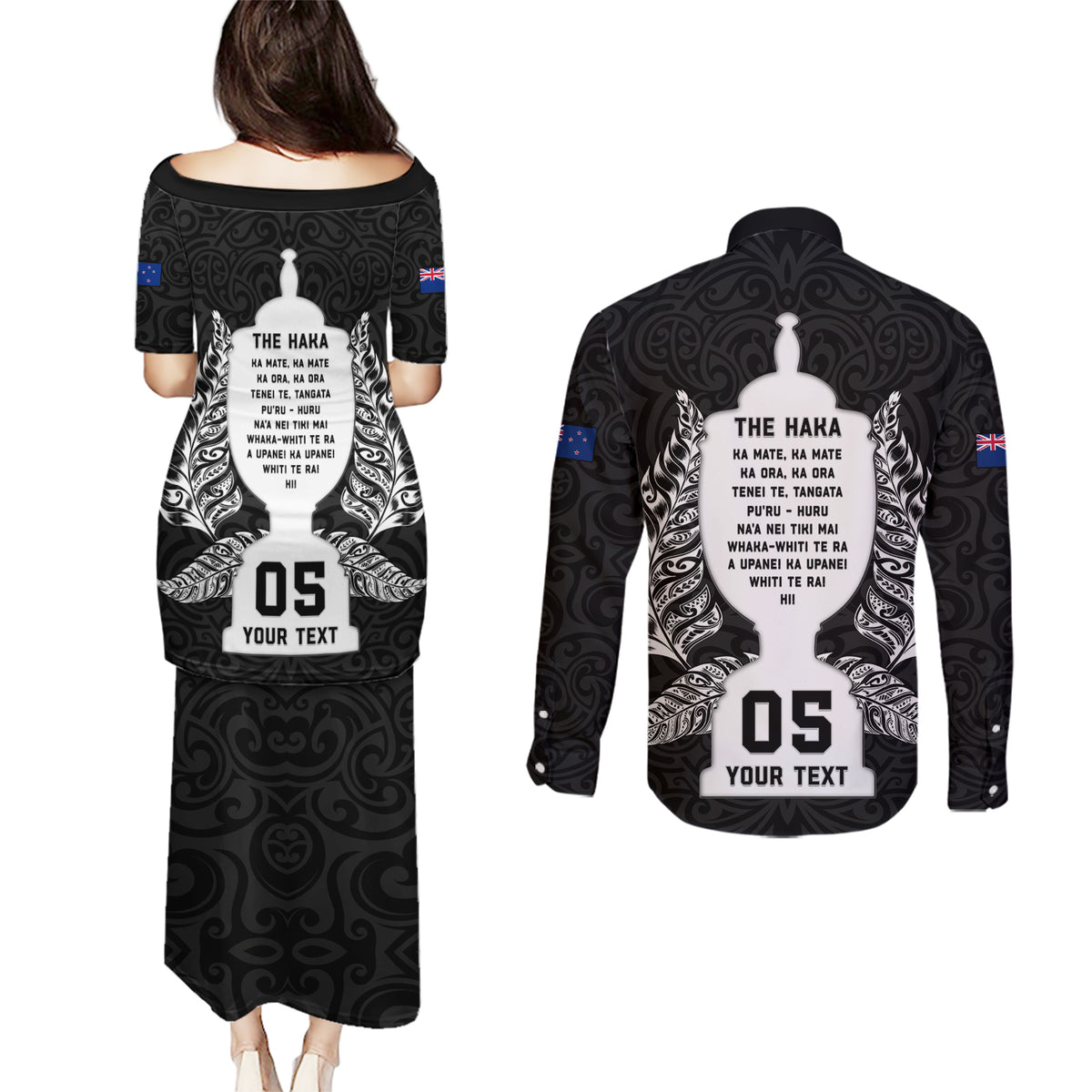 Custom New Zealand Rugby Couples Matching Puletasi Dress and Long Sleeve Button Shirt The Haka With Champions Cup LT05 - Polynesian Pride