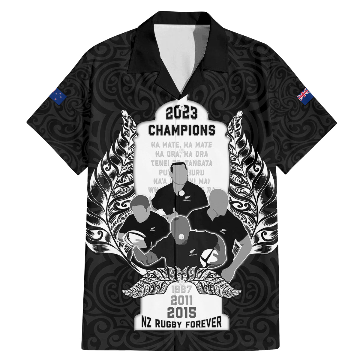 Custom New Zealand Rugby Family Matching Mermaid Dress and Hawaiian Shirt The Haka With Champions Cup LT05 Dad's Shirt - Short Sleeve Black - Polynesian Pride