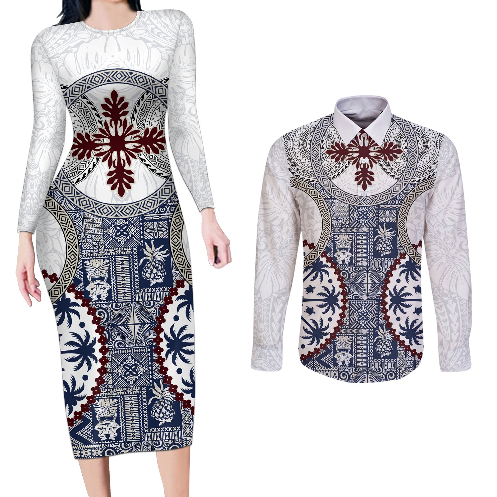 Hawaii Couples Matching Long Sleeve Bodycon Dress and Long Sleeve Button Shirt Barkcloth Pattern Vintage Style LT05 Blue - Polynesian Pride