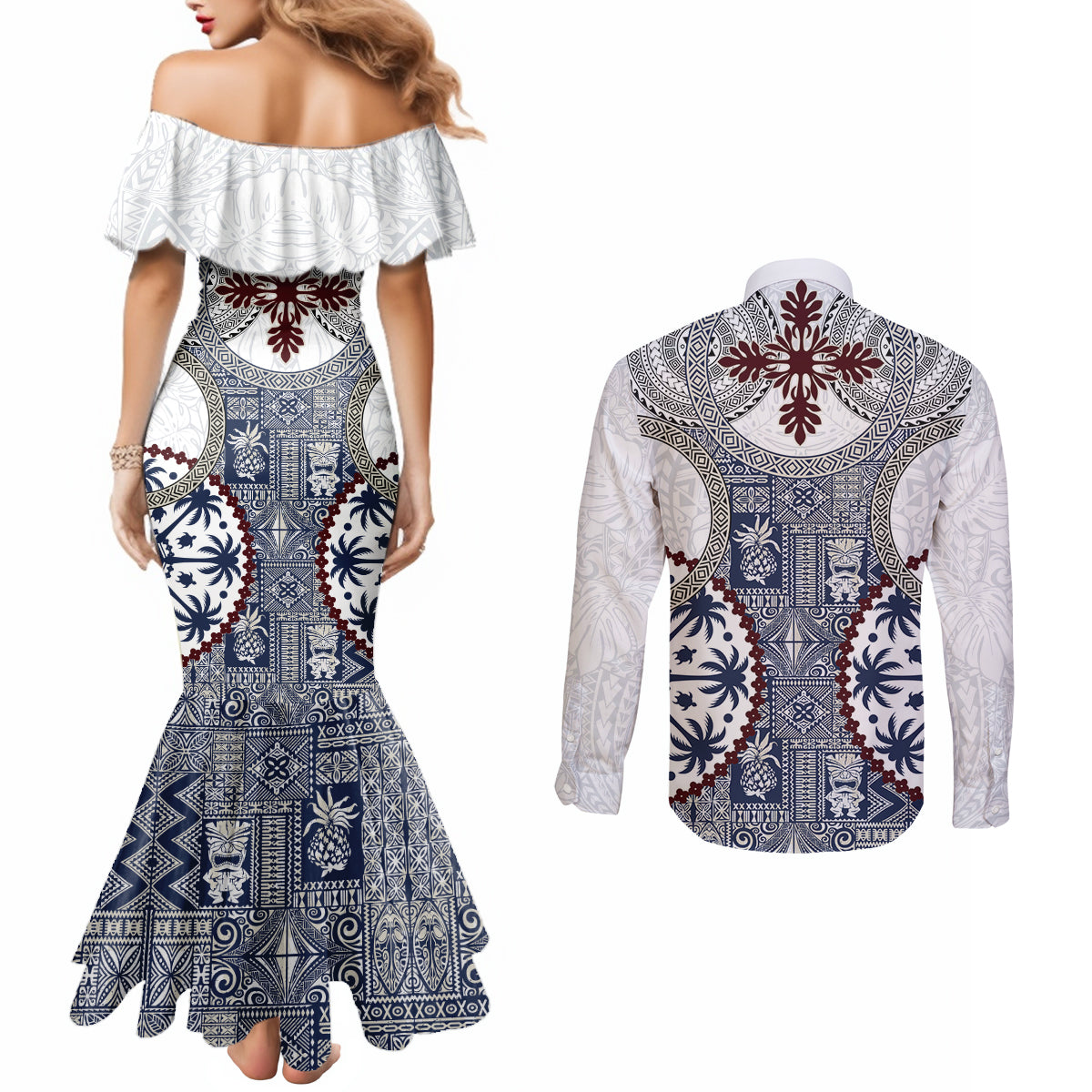 Hawaii Couples Matching Mermaid Dress and Long Sleeve Button Shirt Barkcloth Pattern Vintage Style LT05 - Polynesian Pride