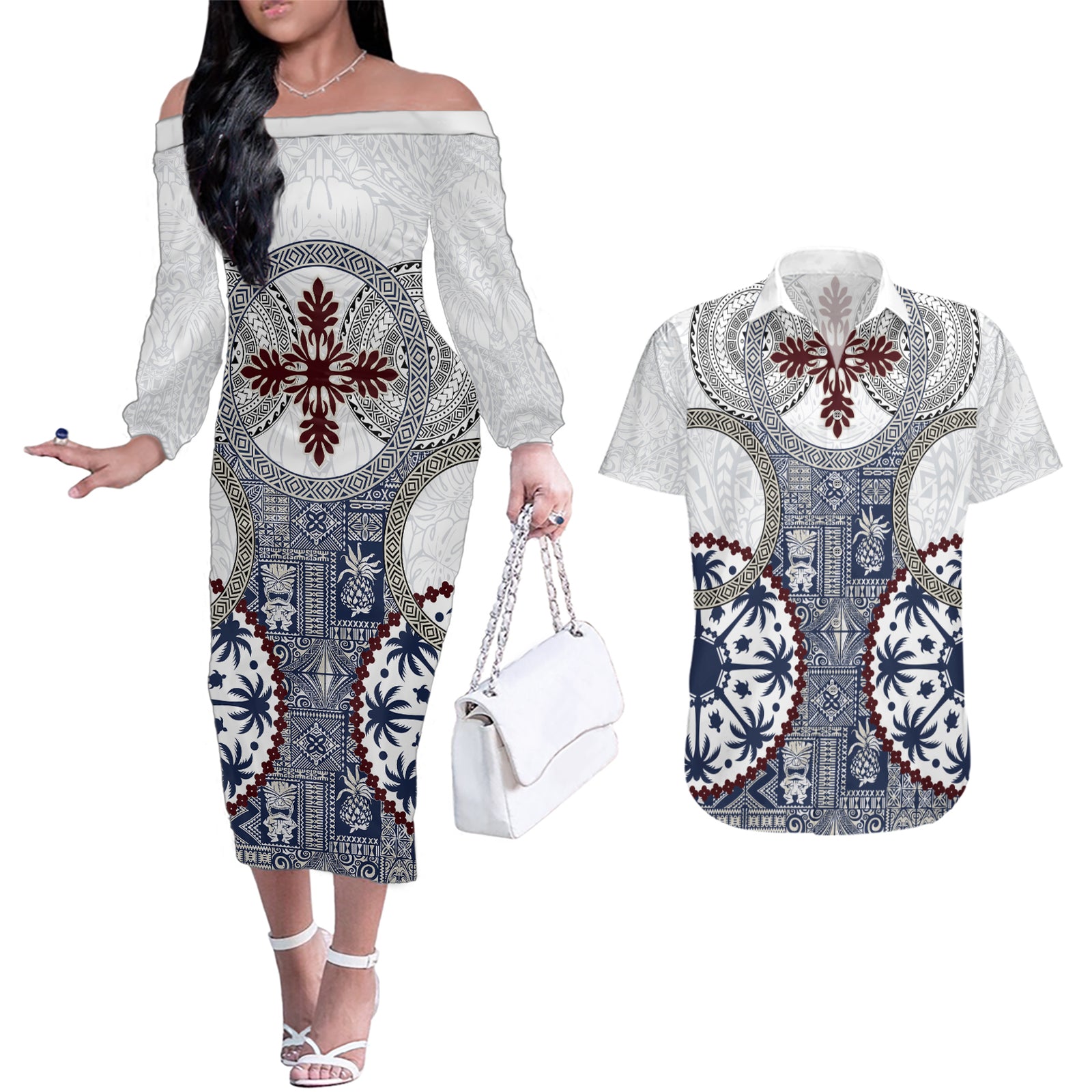 Hawaii Couples Matching Off The Shoulder Long Sleeve Dress and Hawaiian Shirt Barkcloth Pattern Vintage Style LT05 Blue - Polynesian Pride