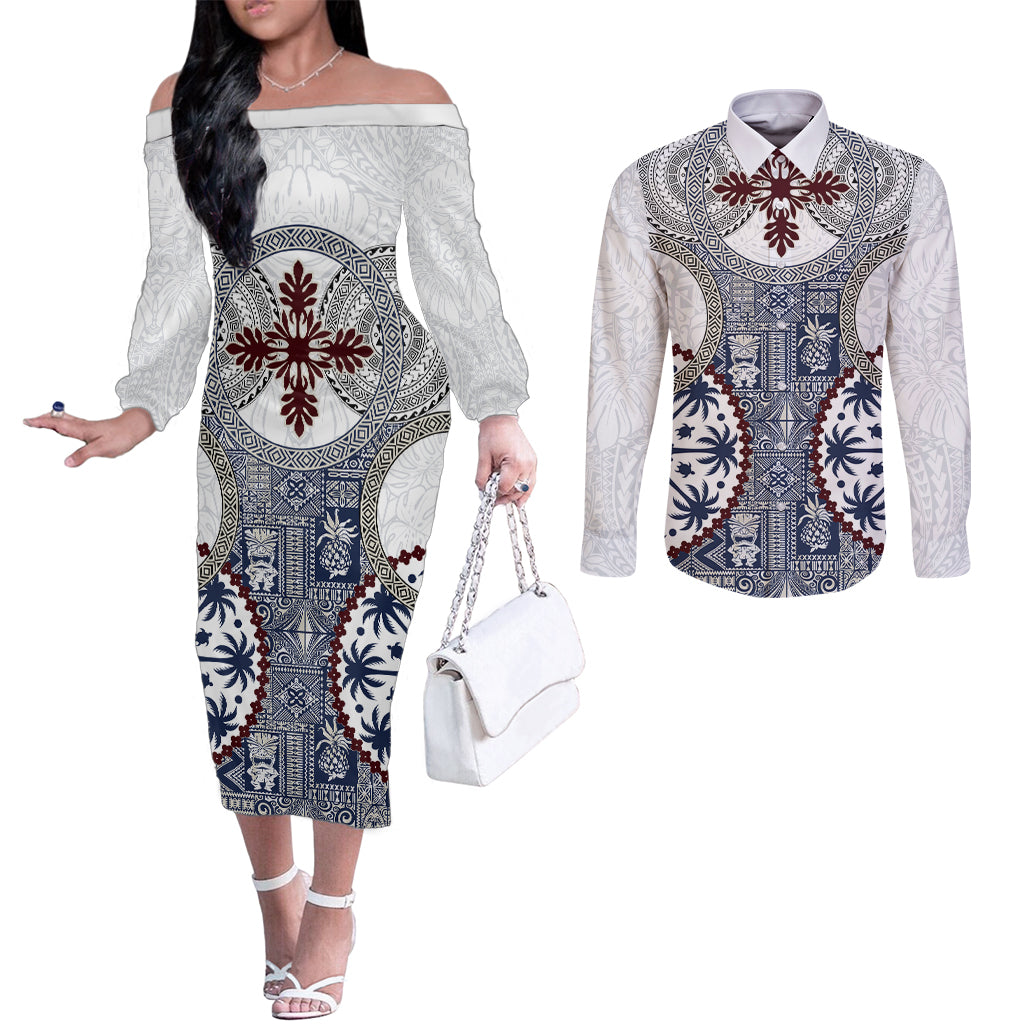 Hawaii Couples Matching Off The Shoulder Long Sleeve Dress and Long Sleeve Button Shirt Barkcloth Pattern Vintage Style LT05 Blue - Polynesian Pride