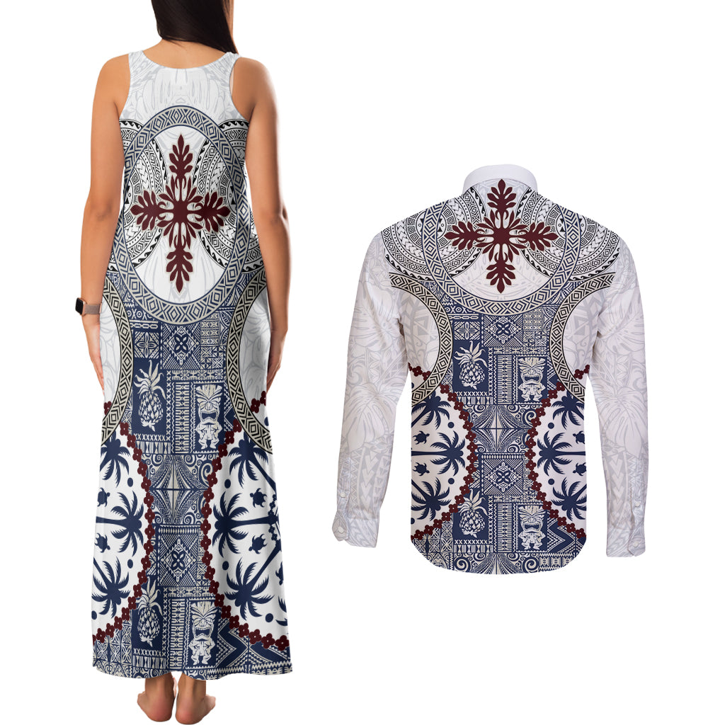 Hawaii Couples Matching Tank Maxi Dress and Long Sleeve Button Shirt Barkcloth Pattern Vintage Style LT05 - Polynesian Pride