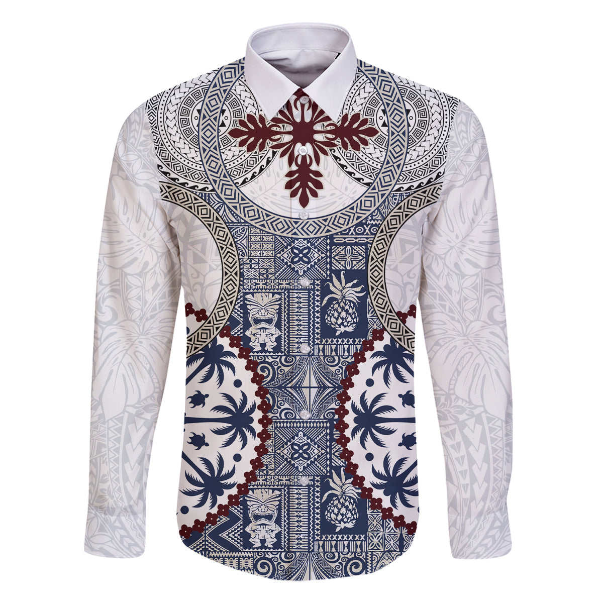 Hawaii Family Matching Mermaid Dress and Hawaiian Shirt Barkcloth Pattern Vintage Style LT05 Dad's Shirt - Long Sleeve Blue - Polynesian Pride