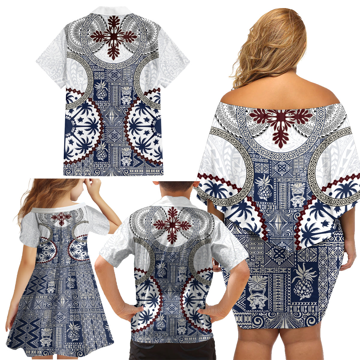 Hawaii Family Matching Off Shoulder Short Dress and Hawaiian Shirt Barkcloth Pattern Vintage Style LT05 - Polynesian Pride