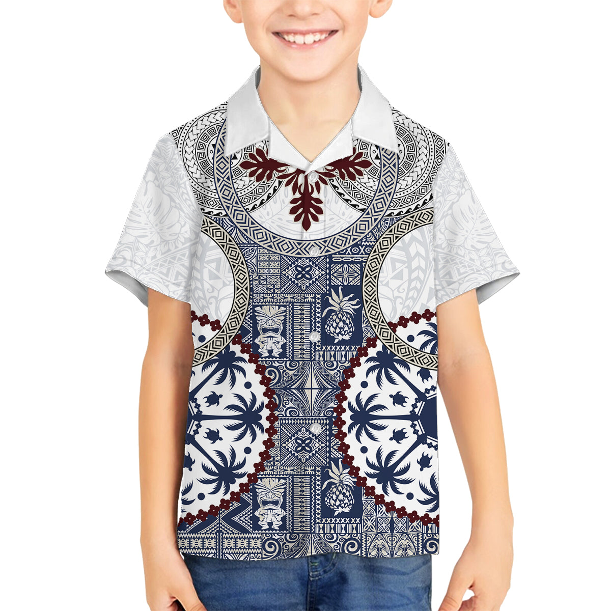 Hawaii Family Matching Off Shoulder Short Dress and Hawaiian Shirt Barkcloth Pattern Vintage Style LT05 Son's Shirt Blue - Polynesian Pride