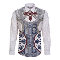 Hawaii Long Sleeve Button Shirt Barkcloth Pattern Vintage Style LT05 Unisex Blue - Polynesian Pride