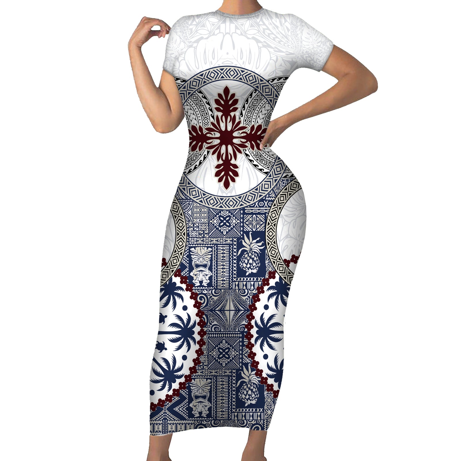 Hawaii Short Sleeve Bodycon Dress Barkcloth Pattern Vintage Style LT05 Long Dress Blue - Polynesian Pride
