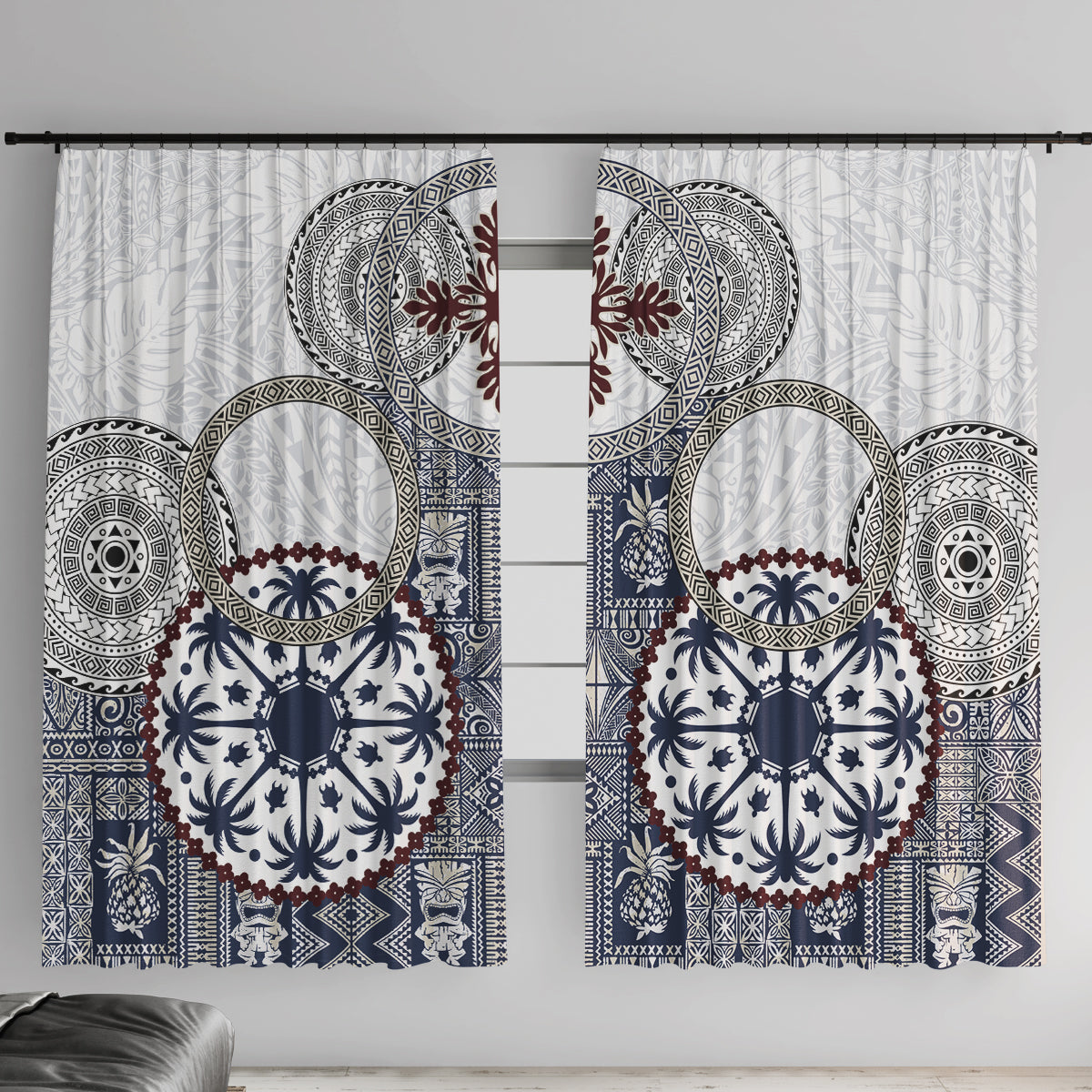 Hawaii Window Curtain Barkcloth Pattern Vintage Style LT05 With Hooks Blue - Polynesian Pride