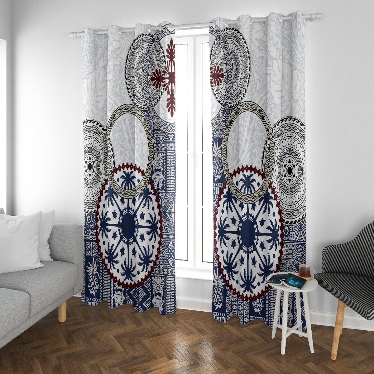 Hawaii Window Curtain Barkcloth Pattern Vintage Style LT05 With Grommets Blue - Polynesian Pride