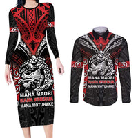 Aotearoa Mana Maori Couples Matching Long Sleeve Bodycon Dress and Long Sleeve Button Shirt Toitu Te Tiriti