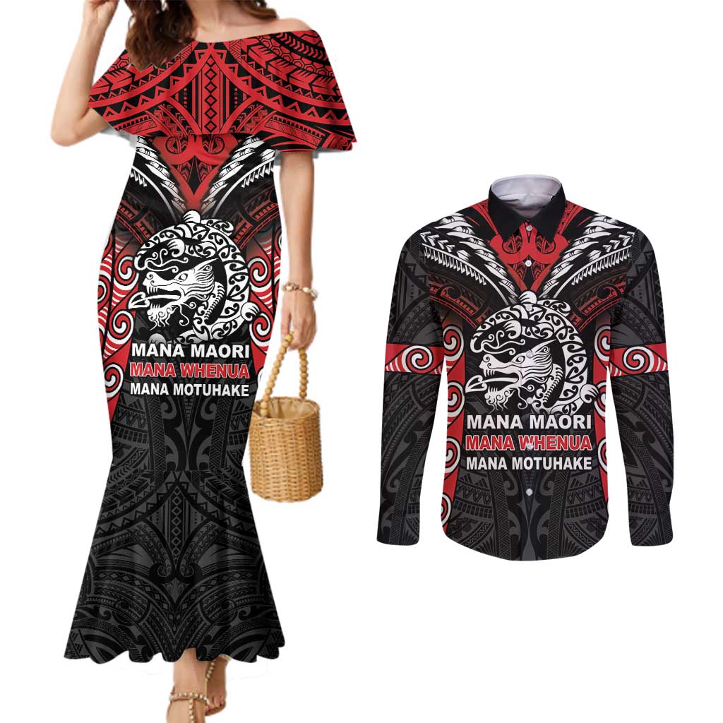 Aotearoa Mana Maori Couples Matching Mermaid Dress and Long Sleeve Button Shirt Toitu Te Tiriti