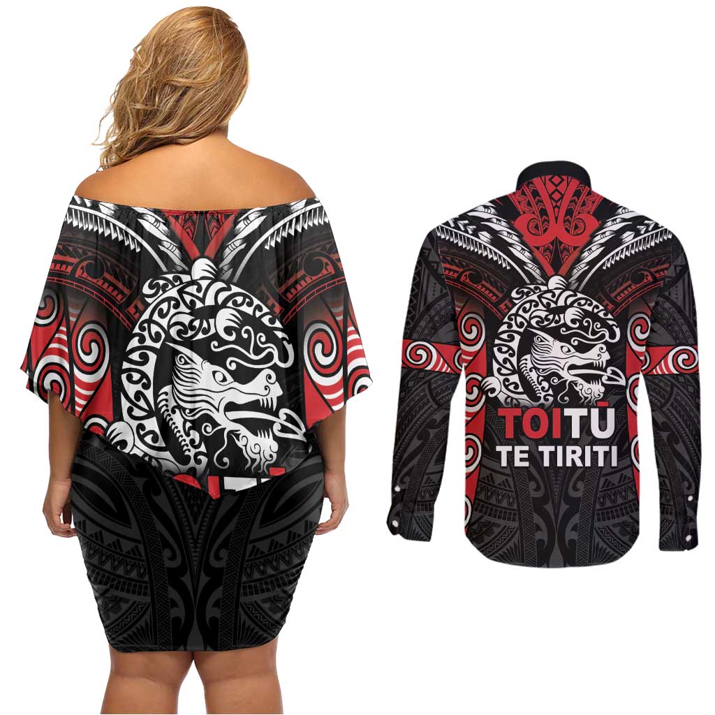 Aotearoa Mana Maori Couples Matching Off Shoulder Short Dress and Long Sleeve Button Shirt Toitu Te Tiriti