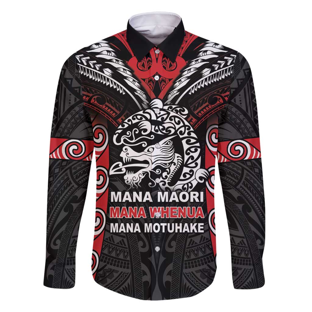 Aotearoa Mana Maori Family Matching Tank Maxi Dress and Hawaiian Shirt Toitu Te Tiriti LT05 Dad's Shirt - Long Sleeve Black - Polynesian Pride