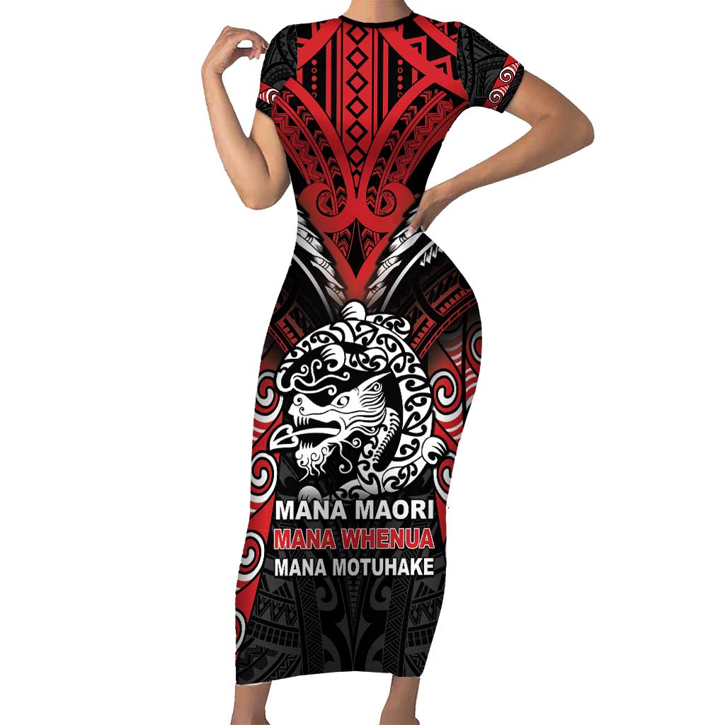 Aotearoa Mana Maori Short Sleeve Bodycon Dress Toitu Te Tiriti LT05 Long Dress Black - Polynesian Pride