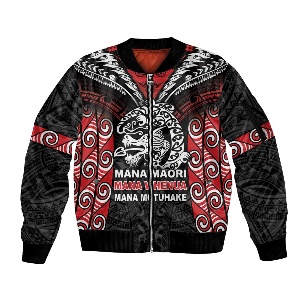 Aotearoa Mana Maori Sleeve Zip Bomber Jacket Toitu Te Tiriti LT05 Unisex Black - Polynesian Pride
