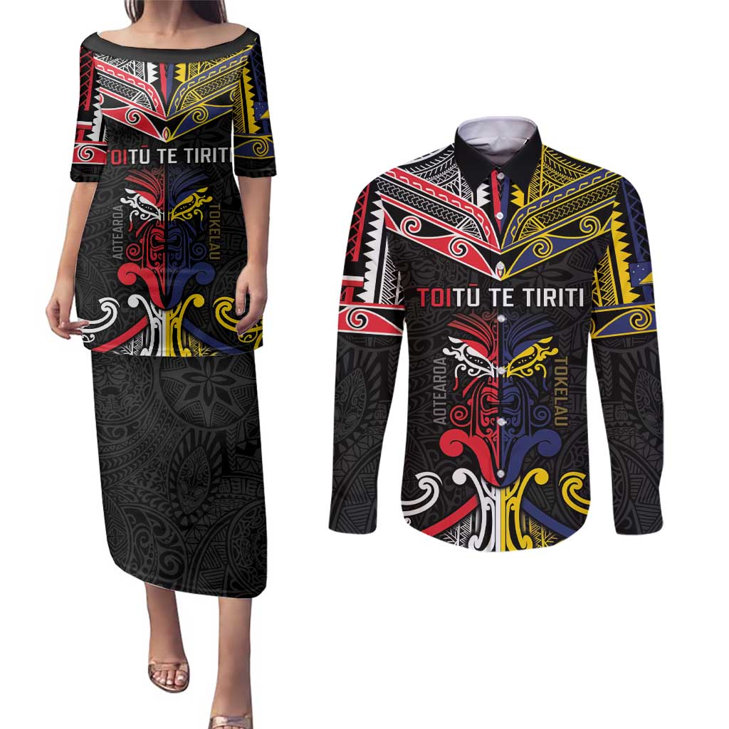 Tokelau And Aotearoa Couples Matching Puletasi and Long Sleeve Button Shirt Together For Te Tiriti O Waitangi LT05 Black - Polynesian Pride