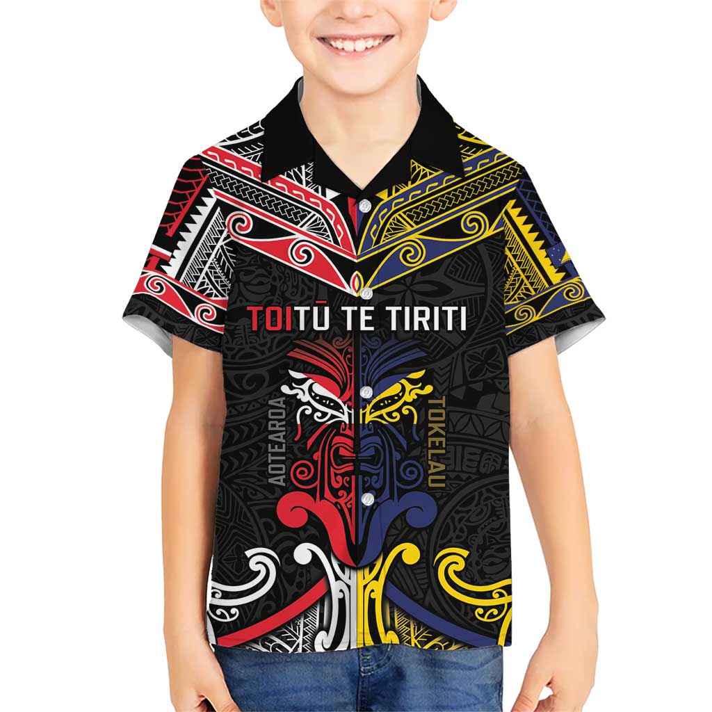 Tokelau And Aotearoa Kid Hawaiian Shirt Together For Te Tiriti O Waitangi LT05 Kid Black - Polynesian Pride
