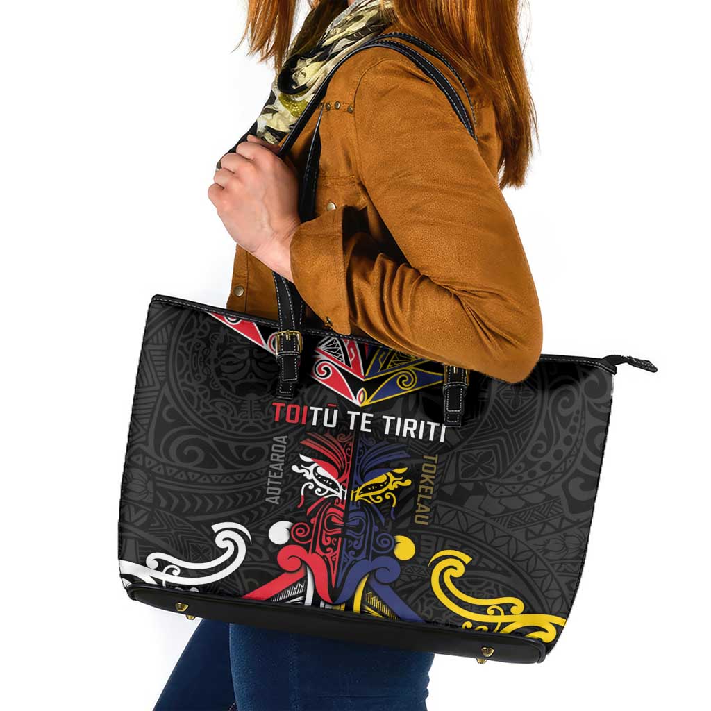 Tokelau And Aotearoa Leather Tote Bag Together For Te Tiriti O Waitangi LT05 Black - Polynesian Pride