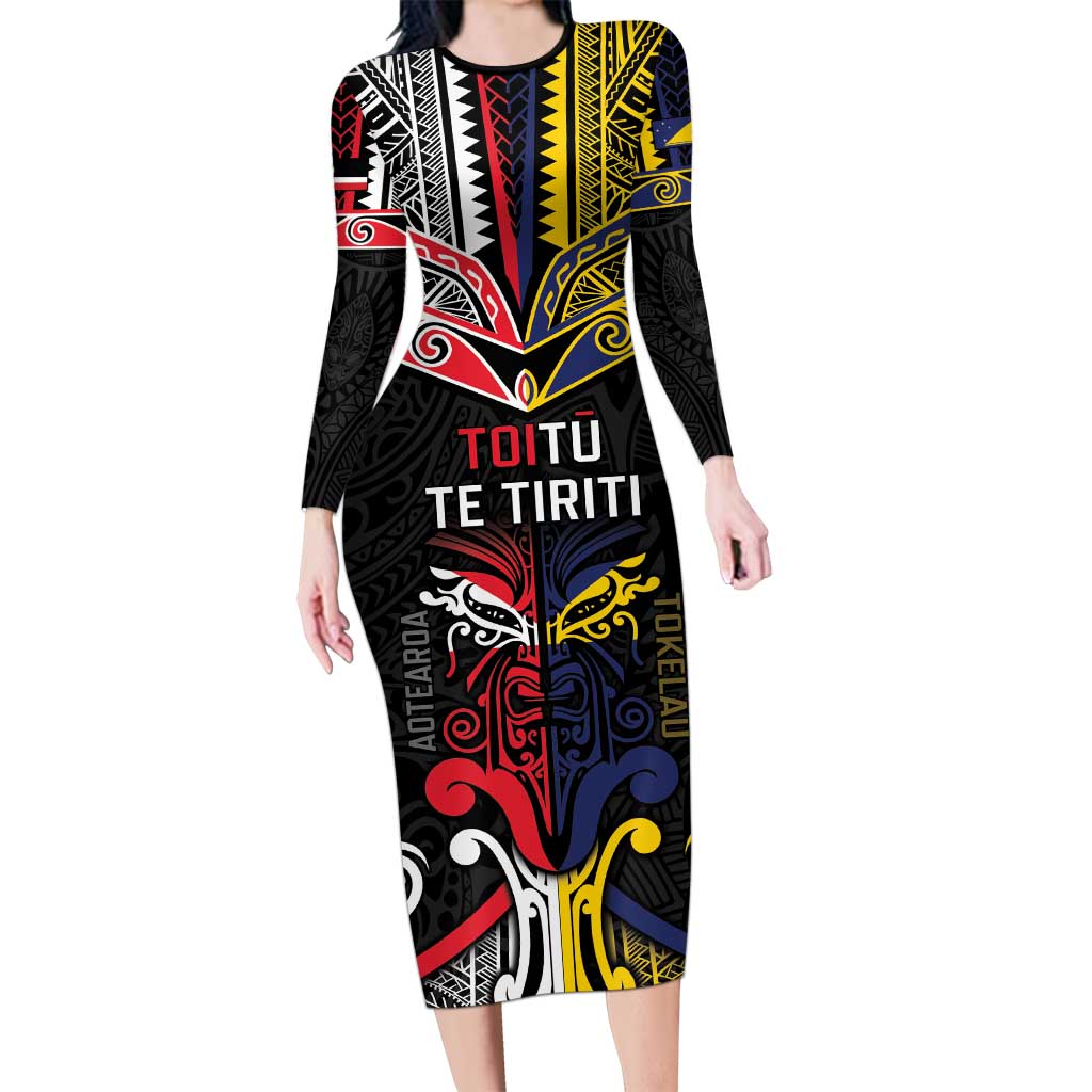 Tokelau And Aotearoa Long Sleeve Bodycon Dress Together For Te Tiriti O Waitangi LT05 Long Dress Black - Polynesian Pride