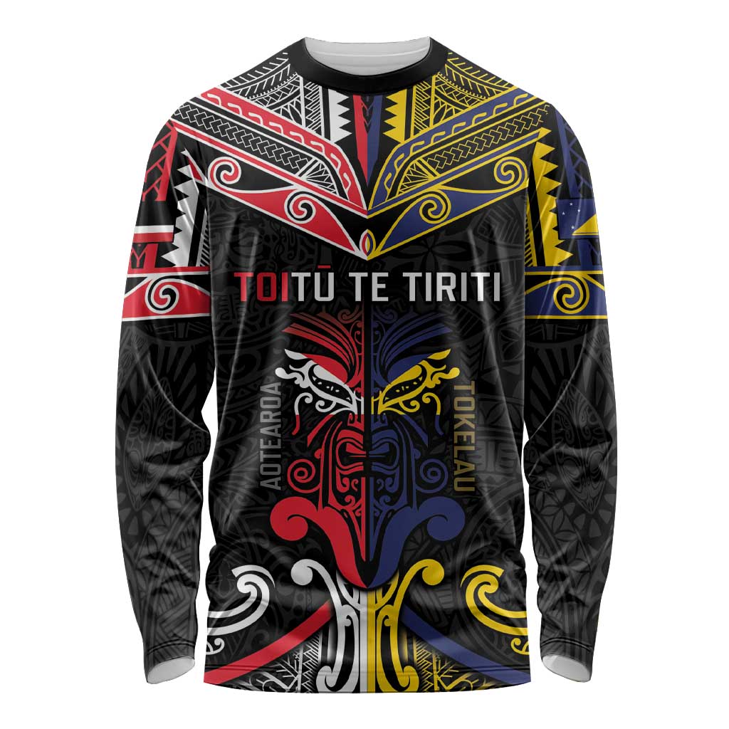 Tokelau And Aotearoa Long Sleeve Shirt Together For Te Tiriti O Waitangi LT05 Unisex Black - Polynesian Pride
