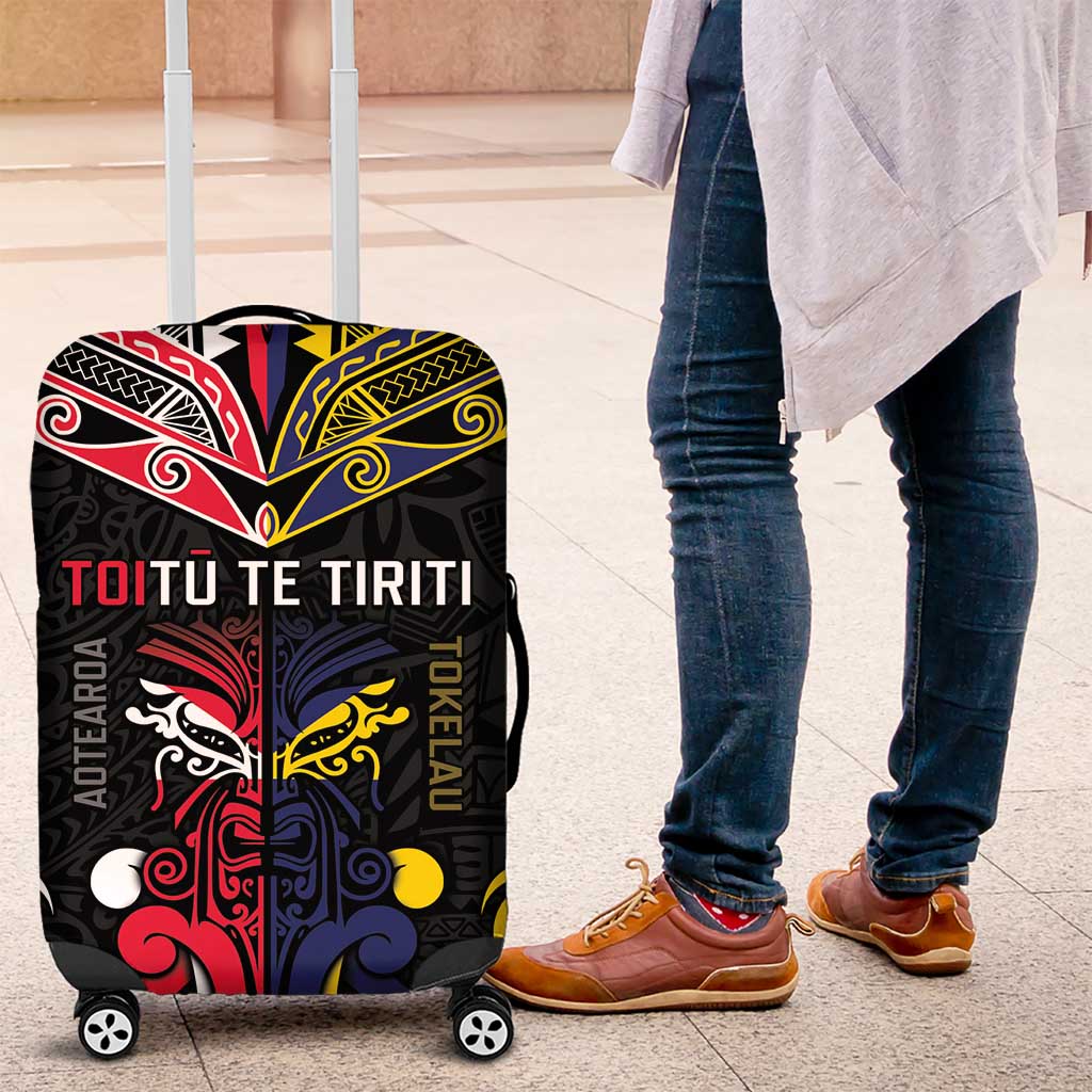 Tokelau And Aotearoa Luggage Cover Together For Te Tiriti O Waitangi LT05 Black - Polynesian Pride