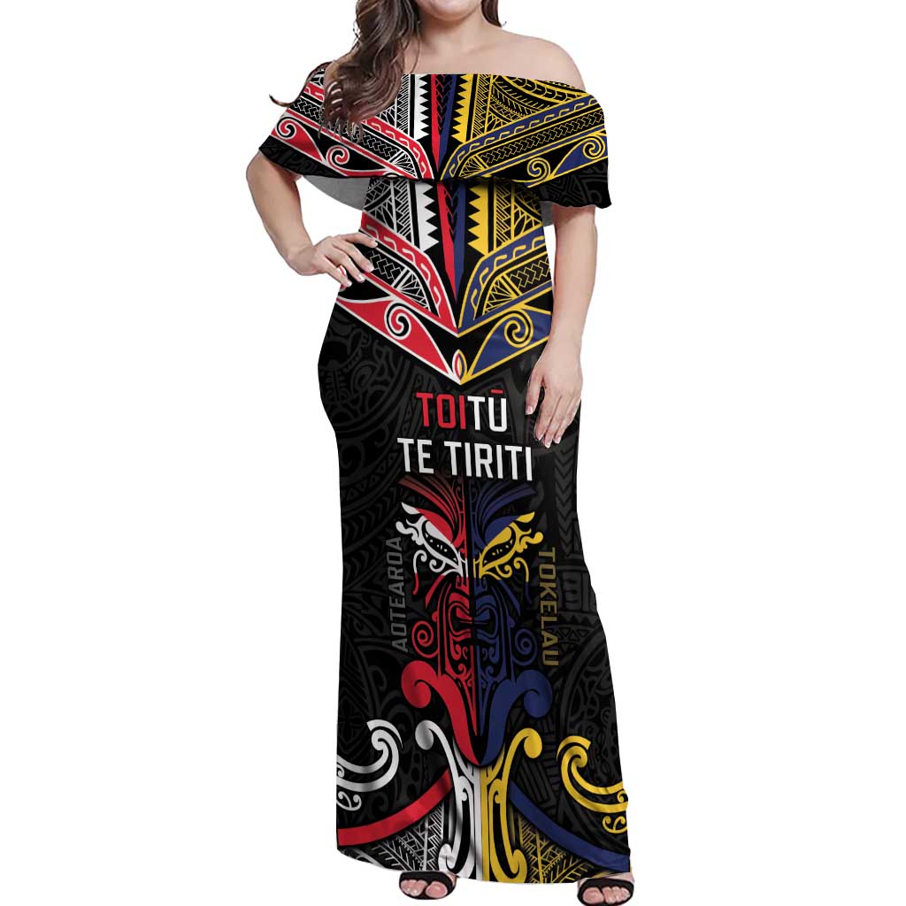 Tokelau And Aotearoa Off Shoulder Maxi Dress Together For Te Tiriti O Waitangi LT05 Women Black - Polynesian Pride