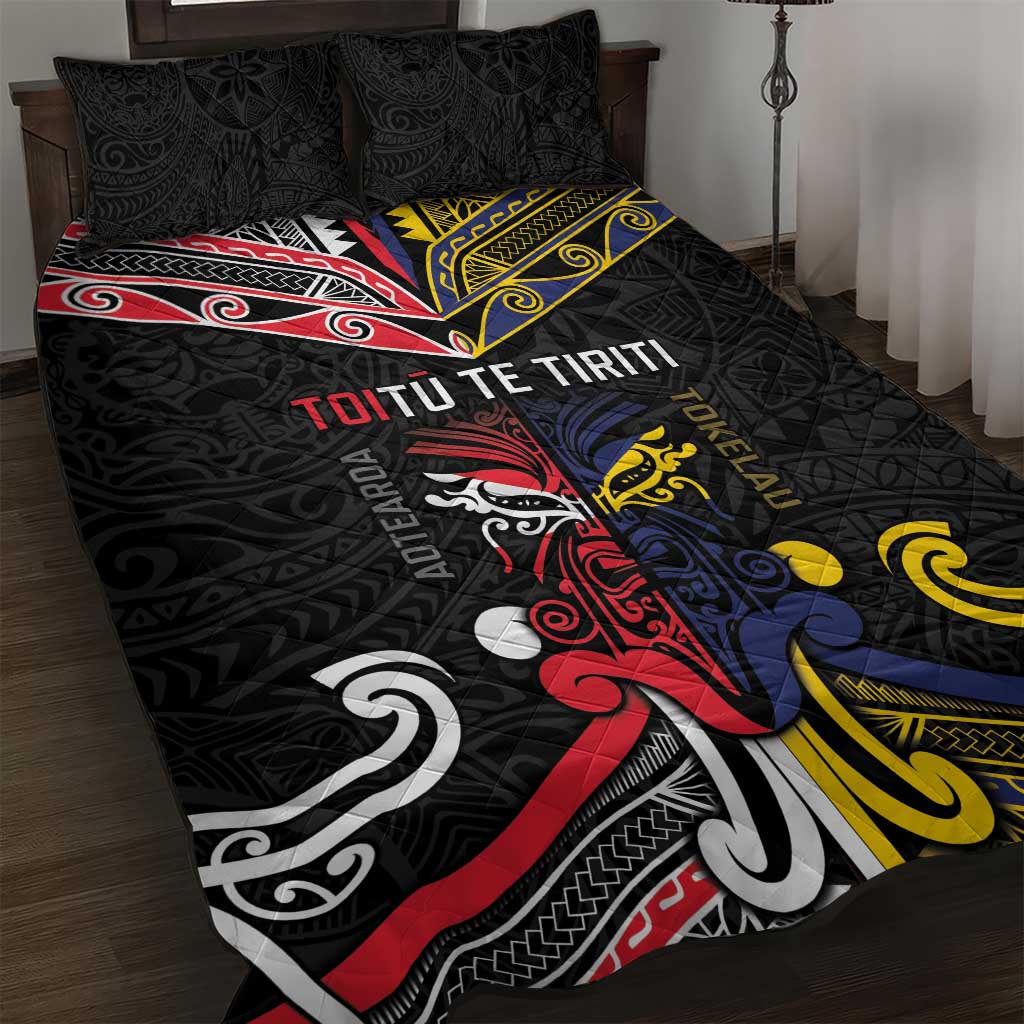 Tokelau And Aotearoa Quilt Bed Set Together For Te Tiriti O Waitangi LT05 Black - Polynesian Pride