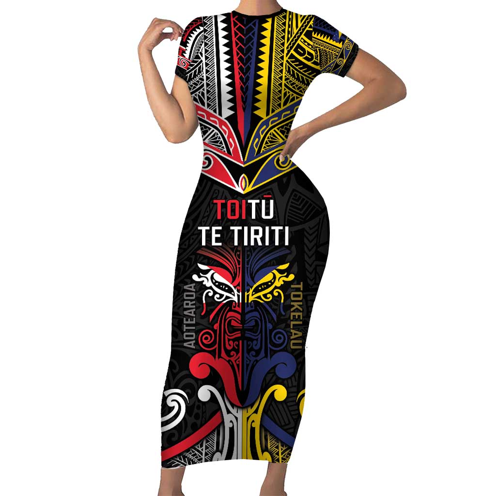 Tokelau And Aotearoa Short Sleeve Bodycon Dress Together For Te Tiriti O Waitangi LT05 Long Dress Black - Polynesian Pride