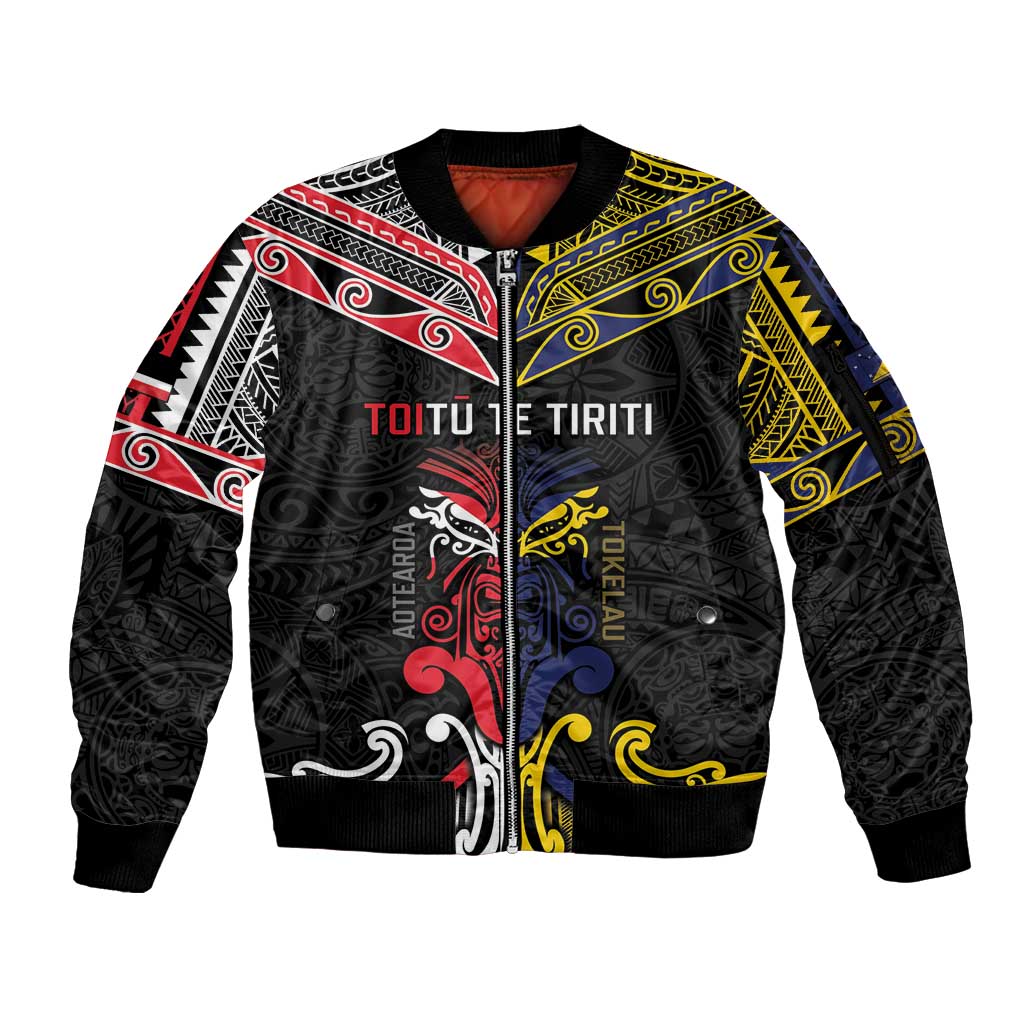 Tokelau And Aotearoa Sleeve Zip Bomber Jacket Together For Te Tiriti O Waitangi LT05 Unisex Black - Polynesian Pride