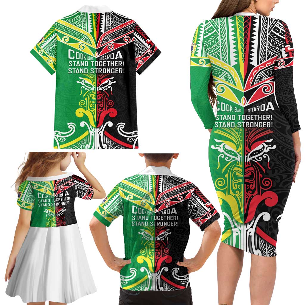 Cook Islands And Aotearoa Family Matching Long Sleeve Bodycon Dress and Hawaiian Shirt Together For Te Tiriti O Waitangi