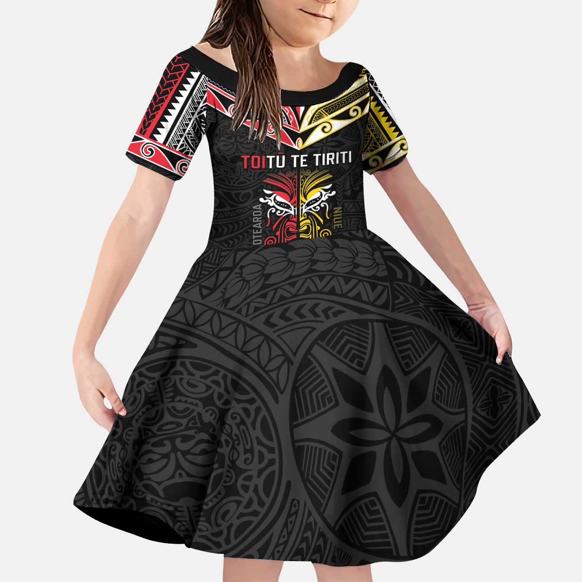 Niue And Aotearoa Kid Short Sleeve Dress Together For Te Tiriti O Waitangi LT05 KID Black - Polynesian Pride