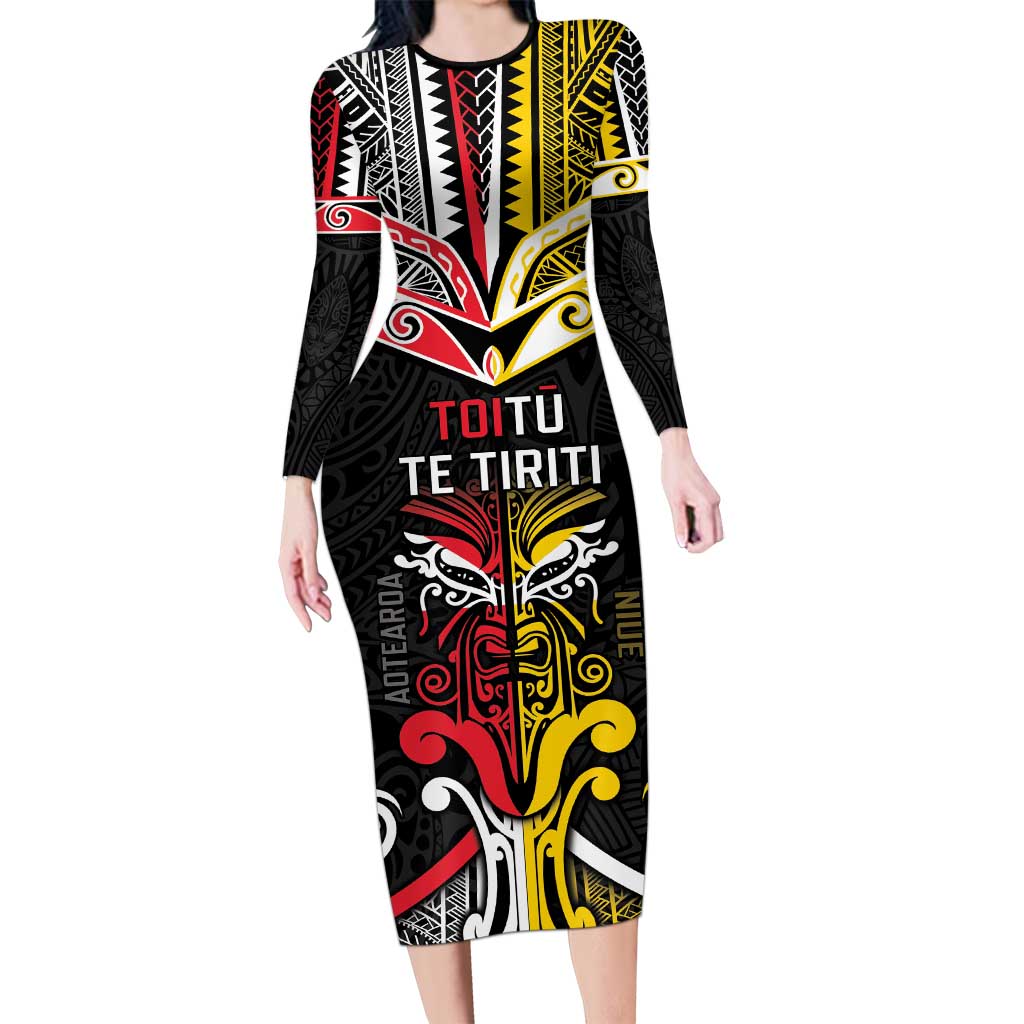 Niue And Aotearoa Long Sleeve Bodycon Dress Together For Te Tiriti O Waitangi LT05 Long Dress Black - Polynesian Pride