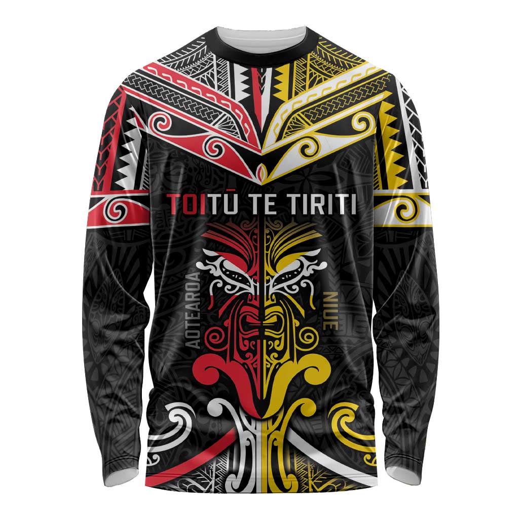 Niue And Aotearoa Long Sleeve Shirt Together For Te Tiriti O Waitangi LT05 Unisex Black - Polynesian Pride