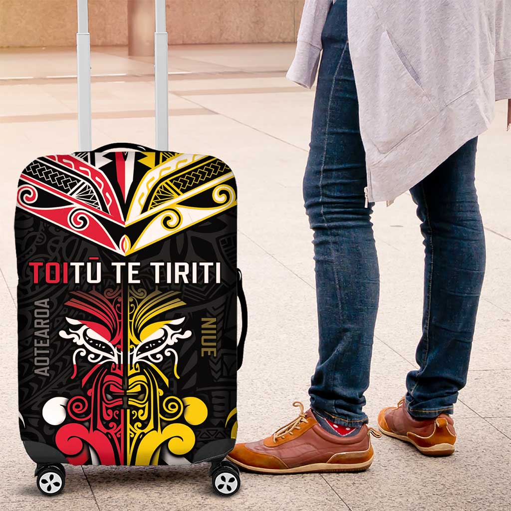 Niue And Aotearoa Luggage Cover Together For Te Tiriti O Waitangi LT05 Black - Polynesian Pride