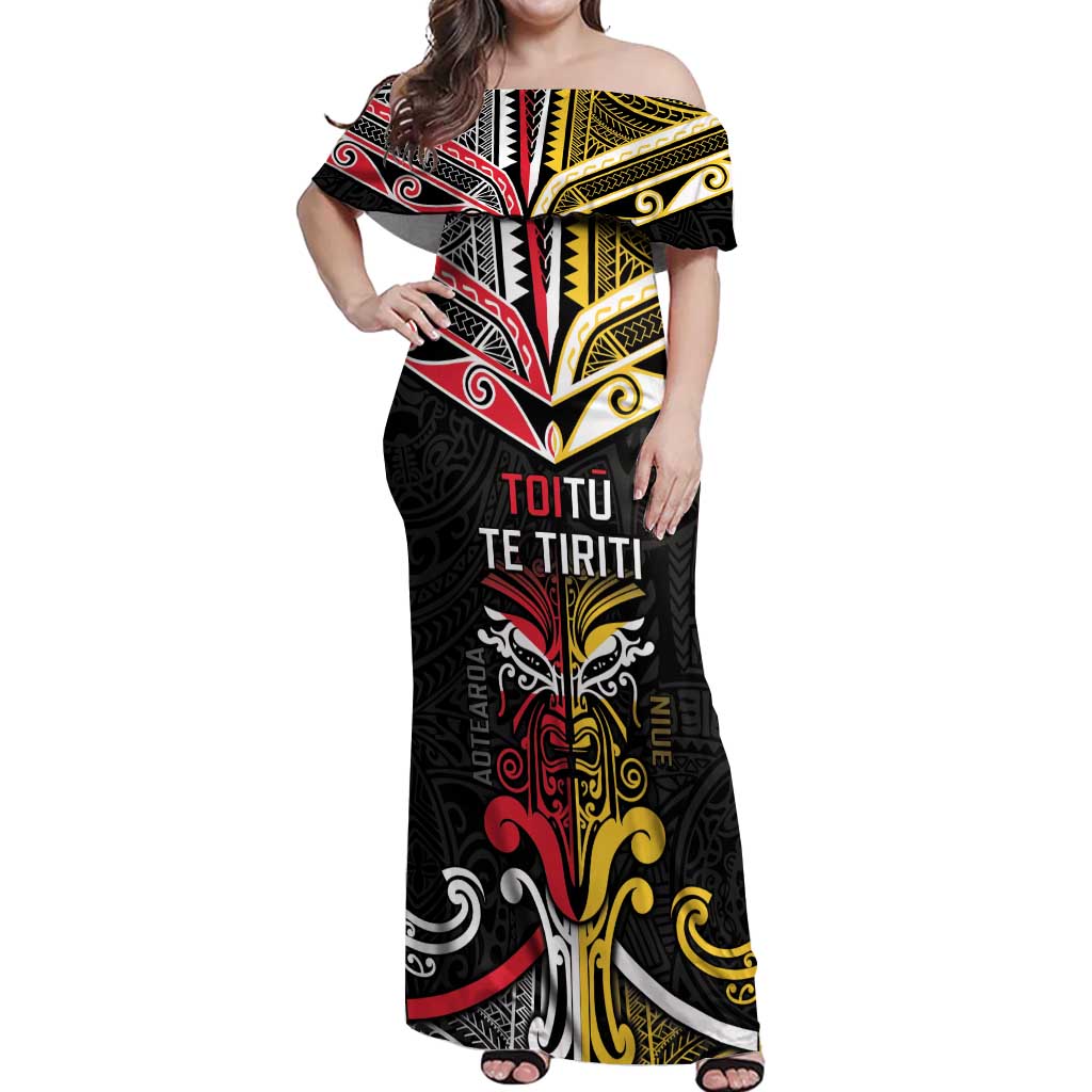 Niue And Aotearoa Off Shoulder Maxi Dress Together For Te Tiriti O Waitangi LT05 Women Black - Polynesian Pride