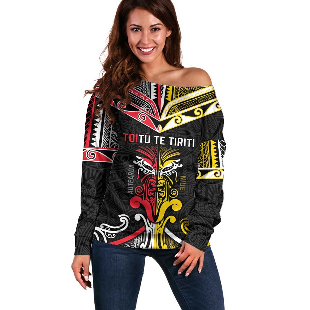 Niue And Aotearoa Off Shoulder Sweater Together For Te Tiriti O Waitangi LT05 Women Black - Polynesian Pride
