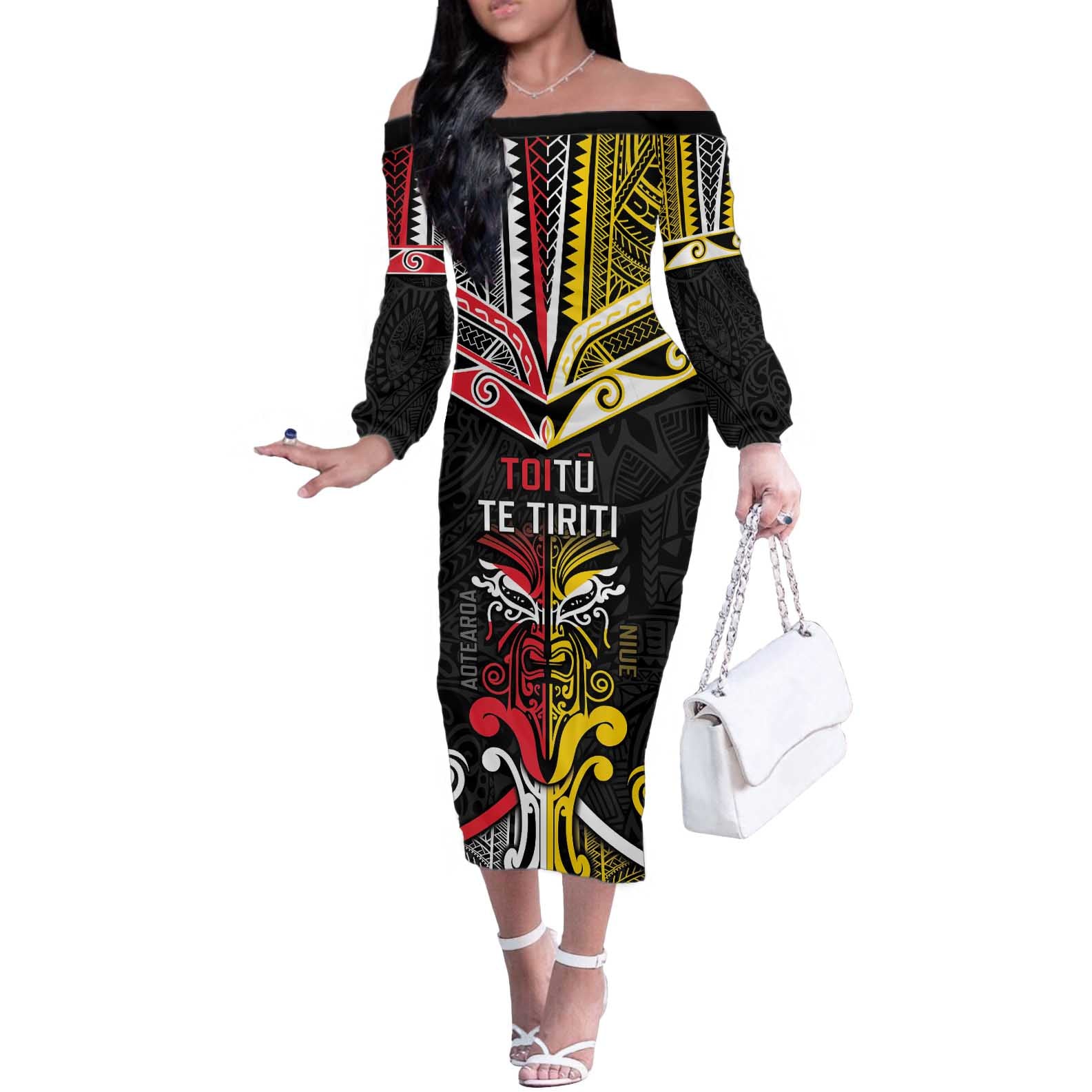 Niue And Aotearoa Off The Shoulder Long Sleeve Dress Together For Te Tiriti O Waitangi LT05 Women Black - Polynesian Pride
