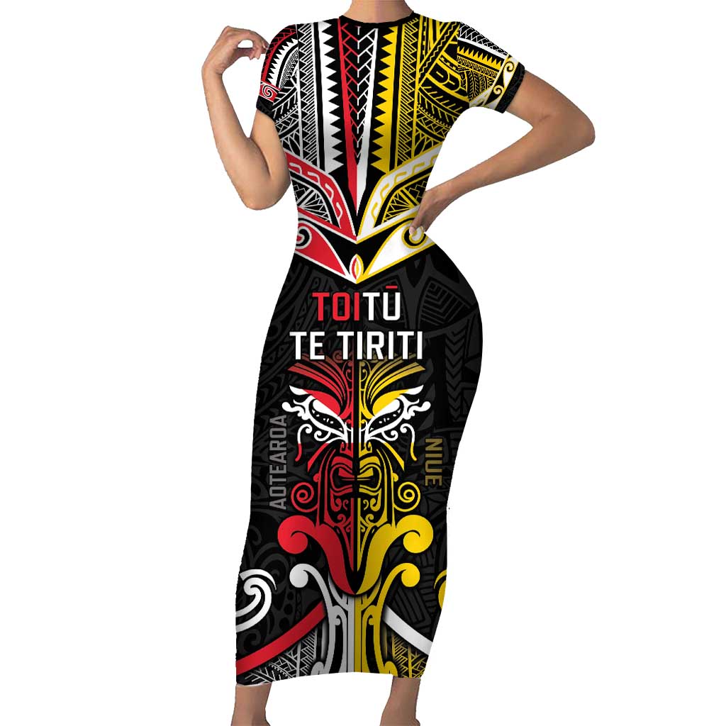 Niue And Aotearoa Short Sleeve Bodycon Dress Together For Te Tiriti O Waitangi LT05 Long Dress Black - Polynesian Pride