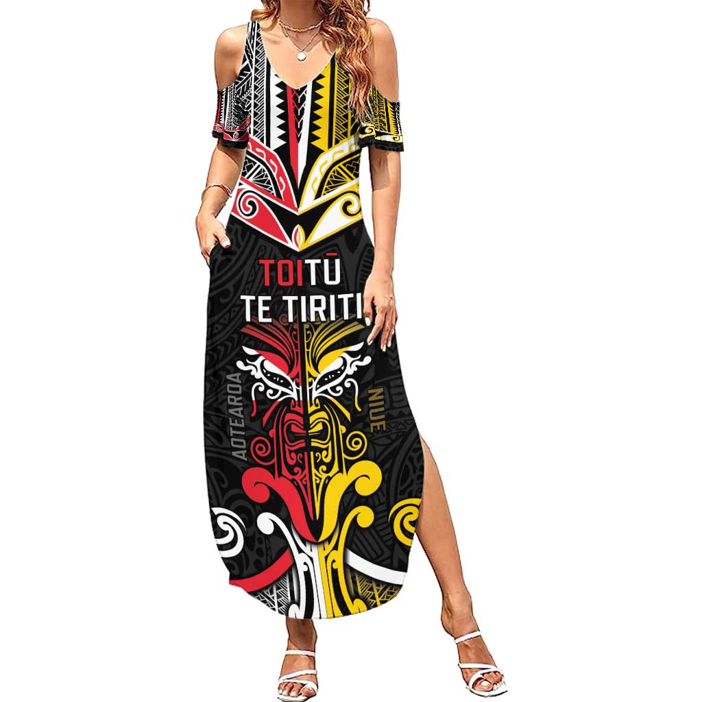 Niue And Aotearoa Summer Maxi Dress Together For Te Tiriti O Waitangi LT05 Women Black - Polynesian Pride