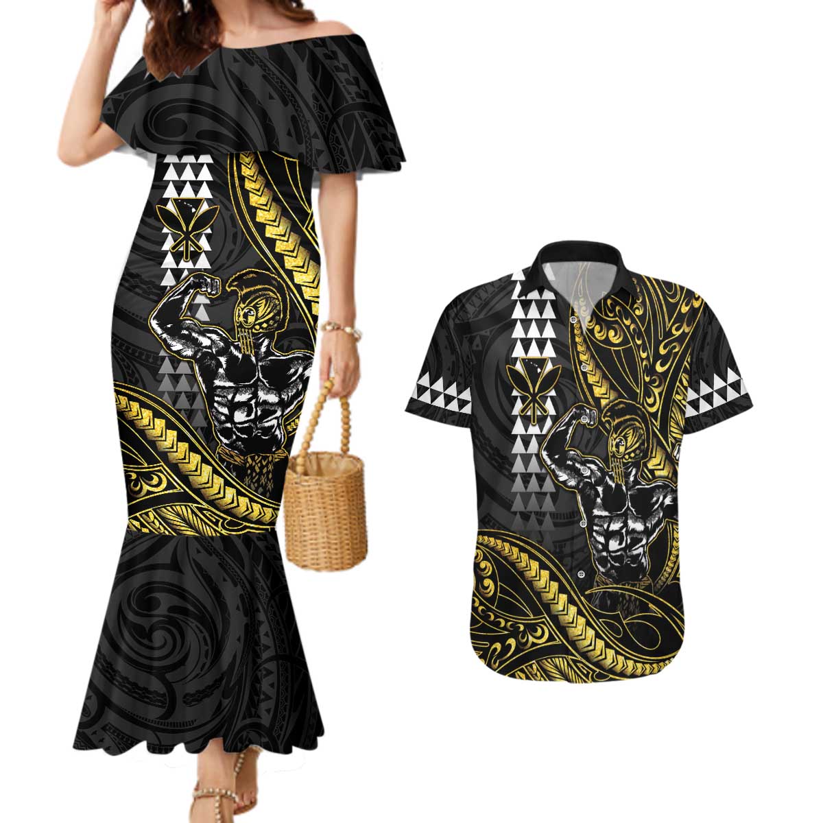 Hawaii Ikaika Warrior Helmet Couples Matching Mermaid Dress and Hawaiian Shirt Gold Style