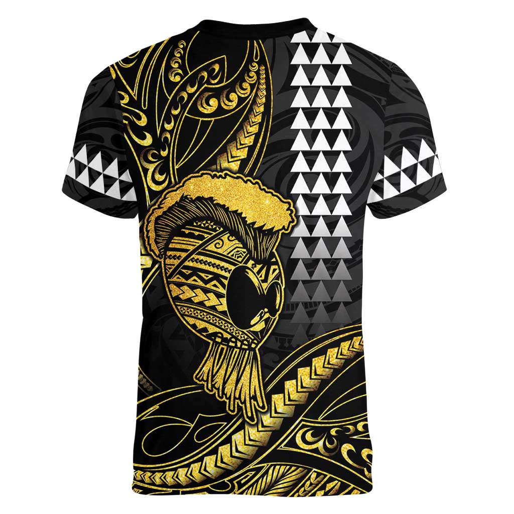 Hawaii Ikaika Warrior Helmet Women V-Neck T-Shirt Gold Style