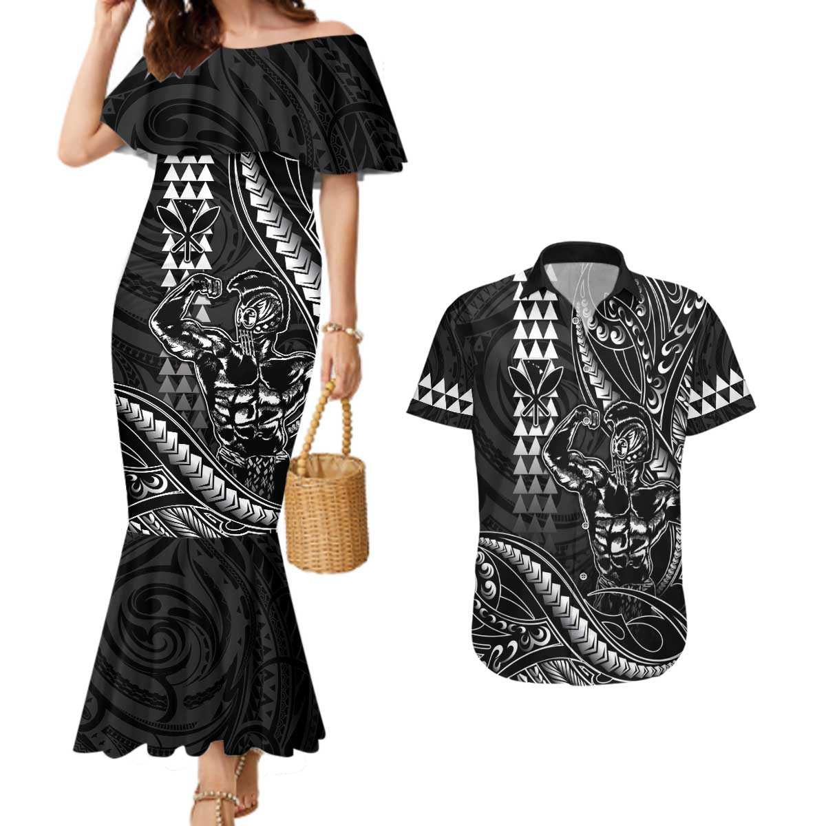 Hawaii Ikaika Warrior Helmet Couples Matching Mermaid Dress and Hawaiian Shirt Black Tribal Tattoo