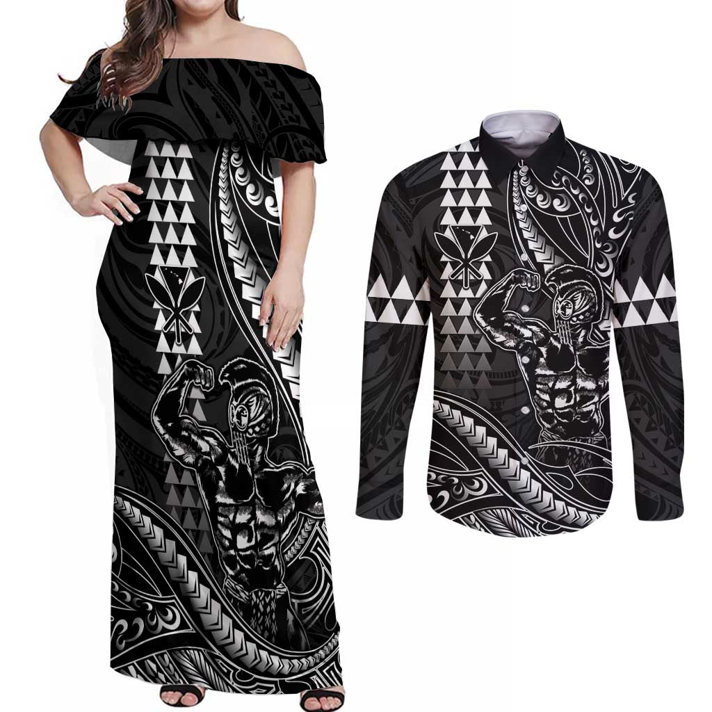 Hawaii Ikaika Warrior Helmet Couples Matching Off Shoulder Maxi Dress and Long Sleeve Button Shirt Black Tribal Tattoo