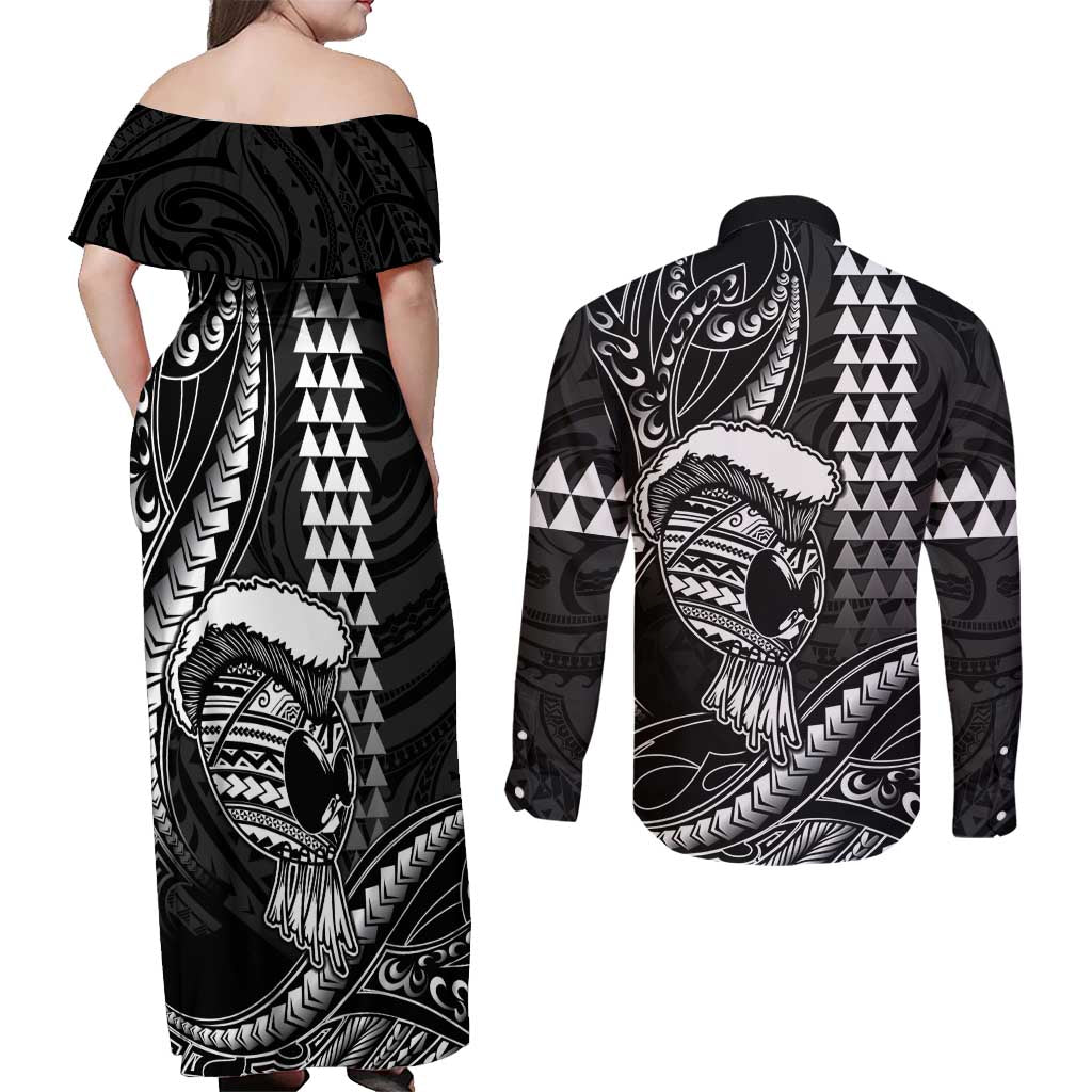Hawaii Ikaika Warrior Helmet Couples Matching Off Shoulder Maxi Dress and Long Sleeve Button Shirt Black Tribal Tattoo
