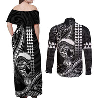 Hawaii Ikaika Warrior Helmet Couples Matching Off Shoulder Maxi Dress and Long Sleeve Button Shirt Black Tribal Tattoo