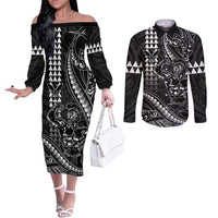 Hawaii Ikaika Warrior Helmet Couples Matching Off The Shoulder Long Sleeve Dress and Long Sleeve Button Shirt Black Tribal Tattoo